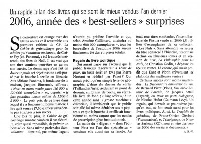 Le Monde des livres_ 2006, année des "best-sellers" surprises_janvier 2007
