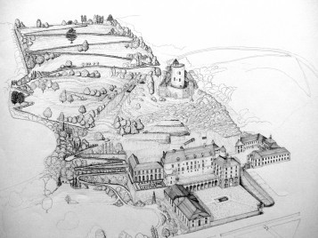 Perspective sur le Château de La Roche-Guyon et de son jardin anglais, dessin de Gabriel Wick