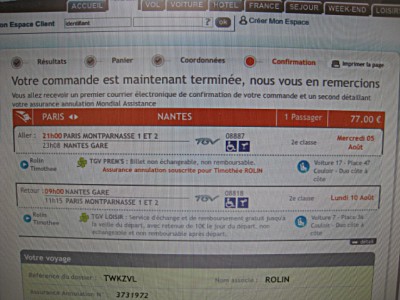 J'achète un billet de train pour Nantes