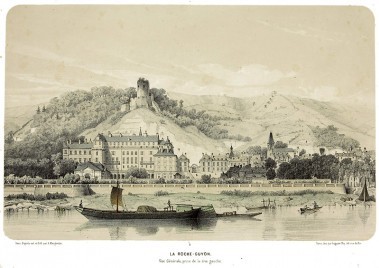 Vue Générale, prise de la rive gauche, Souvenirs de La Roche-Guyon, vues pittoresques et archéologiques du Château et de ses environ par A. Maugendre