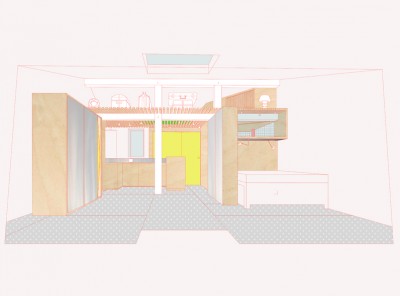 vue depuis le salon-chambre, meubles ouverts et chambre fermée.