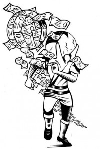 CQFD n°123 juin 2014,  illustration de l'article "La Coupe du monde n’aura pas lieu", par Ravi Tala,